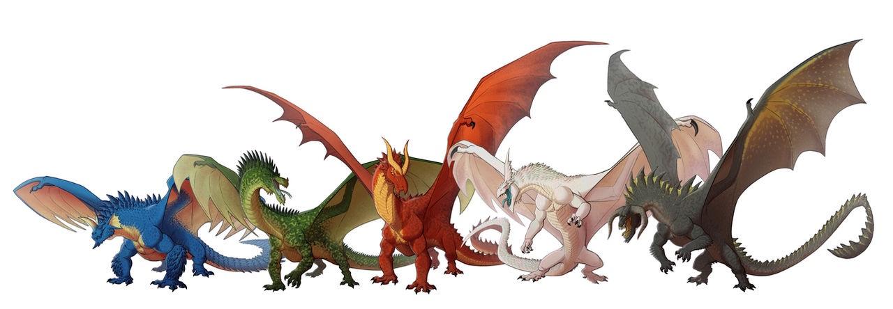 Blue, green, red, white, and black dragon standing side by side.
